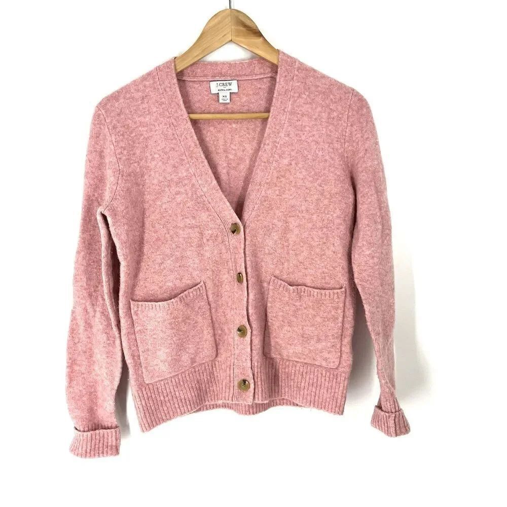 J Crew Sweater Size XS Heathered Pink Extra Soft Knit V Neck Button Front Preppy